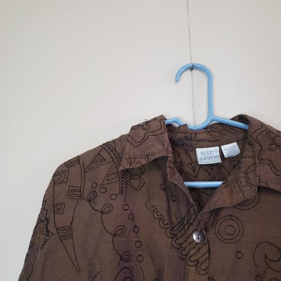 Vtg Bleu Bayou Women XL Blouse 100% Silk Brown Abstract Embroidered Beads Casual - Picture 4 of 5